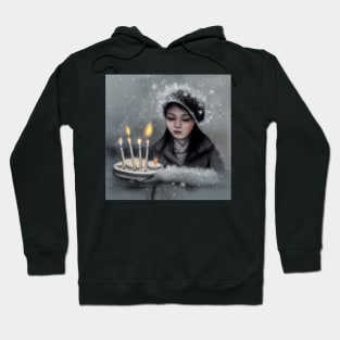 Woman Carrying Candles in a Snowy Day , Winter Mood Hoodie